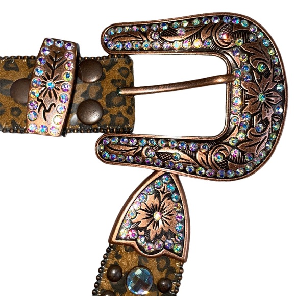 Nocona Leather Cheetah Horseshoe Crystal Belt Sz L - Picture 2 of 7